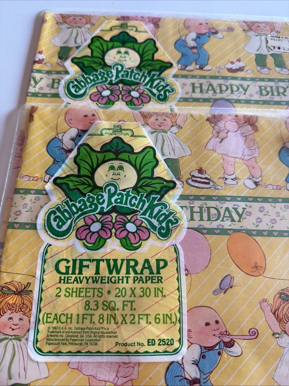 2 Pkgs Sealed CABBAGE PATCH KIDS 1983 Happy Birthday Heavyweight Gift Wrap NOS